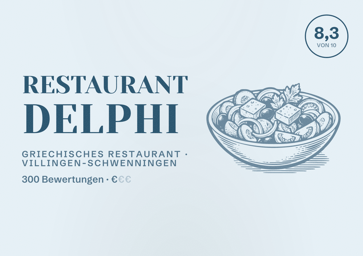 Illustriertes Poster von Restaurant Delphi, Griechisches Restaurant in Villingen-Schwenningen: Bewertung 8,3 von 10 aus 300 Bewertungen, Preisniveau €