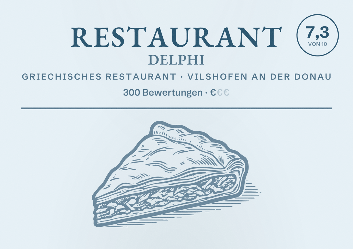Illustriertes Poster von Restaurant Delphi, Griechisches Restaurant in Vilshofen an der Donau: Bewertung 7,3 von 10 aus 300 Bewertungen, Preisniveau €