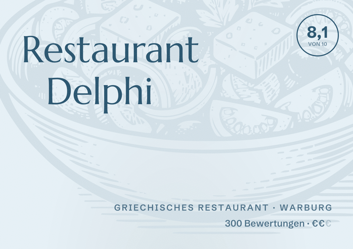 Illustriertes Poster von Restaurant Delphi, Griechisches Restaurant in Warburg: Bewertung 8,1 von 10 aus 300 Bewertungen, Preisniveau €€