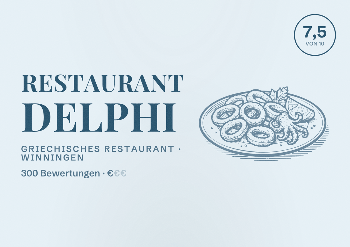 Illustriertes Poster von Restaurant Delphi, Griechisches Restaurant in Winningen: Bewertung 7,5 von 10 aus 300 Bewertungen, Preisniveau €
