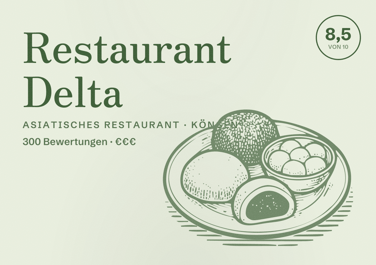 Illustriertes Poster von Restaurant Delta, Asiatisches Restaurant in Köngen: Bewertung 8,5 von 10 aus 300 Bewertungen, Preisniveau €€€