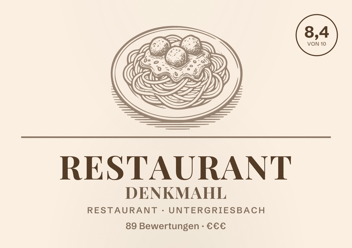 Illustriertes Poster von Restaurant Denkmahl, Restaurant in Untergriesbach: Bewertung 8,4 von 10 aus 89 Bewertungen, Preisniveau €€€