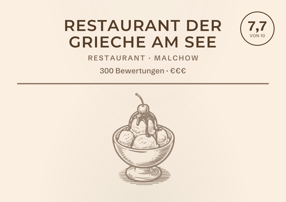 Illustriertes Poster von Restaurant Der Grieche am See, Restaurant in Malchow: Bewertung 7,7 von 10 aus 300 Bewertungen, Preisniveau €€€