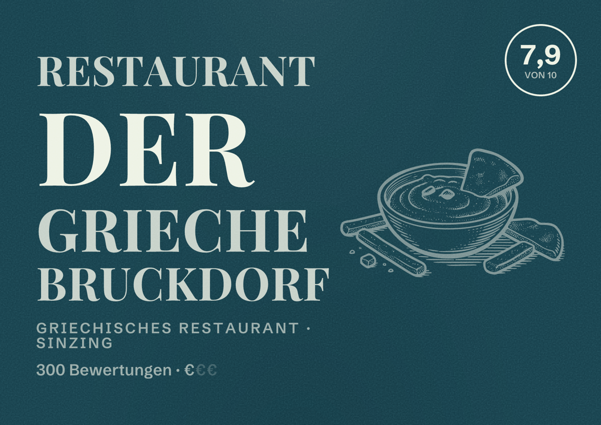 Illustriertes Poster von Restaurant Der Grieche Bruckdorf, Griechisches Restaurant in Sinzing: Bewertung 7,9 von 10 aus 300 Bewertungen, Preisniveau €