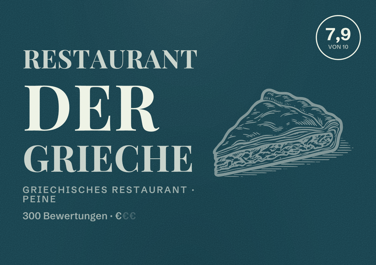 Illustriertes Poster von Restaurant Der Grieche, Griechisches Restaurant in Peine: Bewertung 7,9 von 10 aus 300 Bewertungen, Preisniveau €