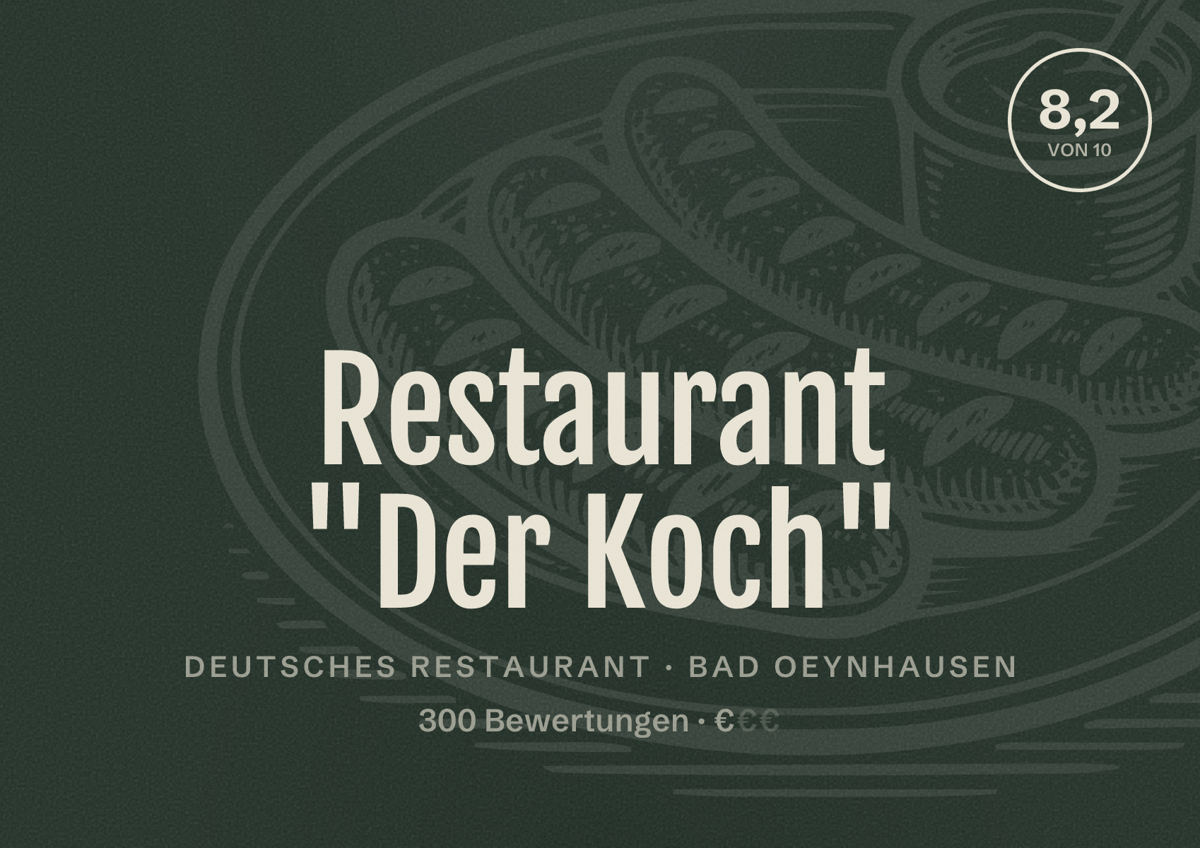 Illustriertes Poster von Restaurant "Der Koch", Deutsches Restaurant in Bad Oeynhausen: Bewertung 8,2 von 10 aus 300 Bewertungen, Preisniveau €