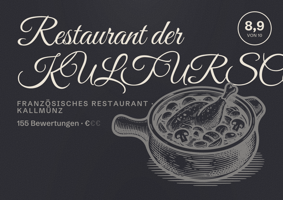 Illustriertes Poster von Restaurant der KULTURSCHMIEDE, Französisches Restaurant in Kallmünz: Bewertung 8,9 von 10 aus 155 Bewertungen, Preisniveau €