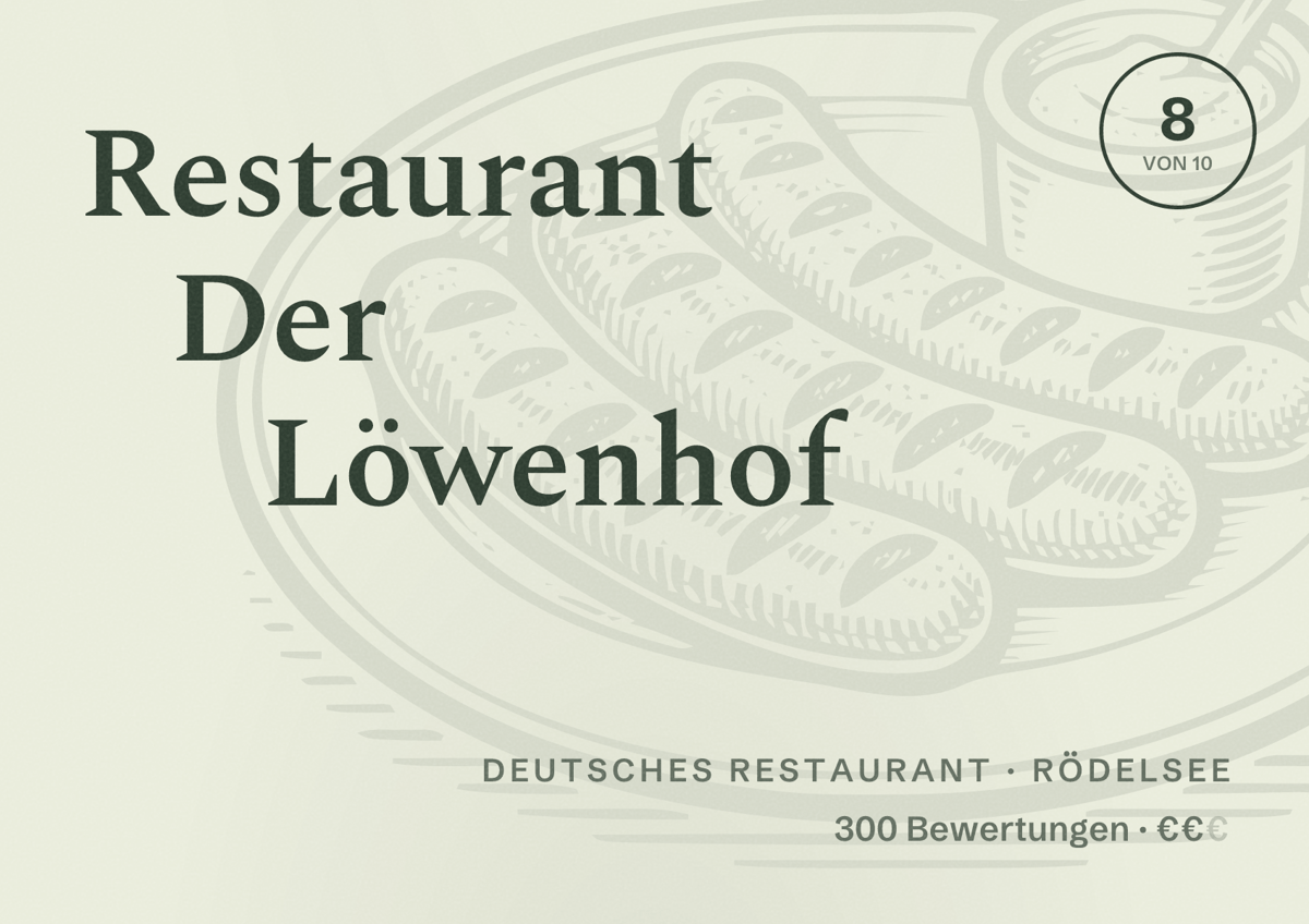 Illustriertes Poster von Restaurant Der Löwenhof, Deutsches Restaurant in Rödelsee: Bewertung 8 von 10 aus 300 Bewertungen, Preisniveau €€
