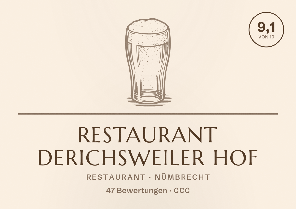Illustriertes Poster von Restaurant Derichsweiler Hof, Restaurant in Nümbrecht: Bewertung 9,1 von 10 aus 47 Bewertungen, Preisniveau €€€