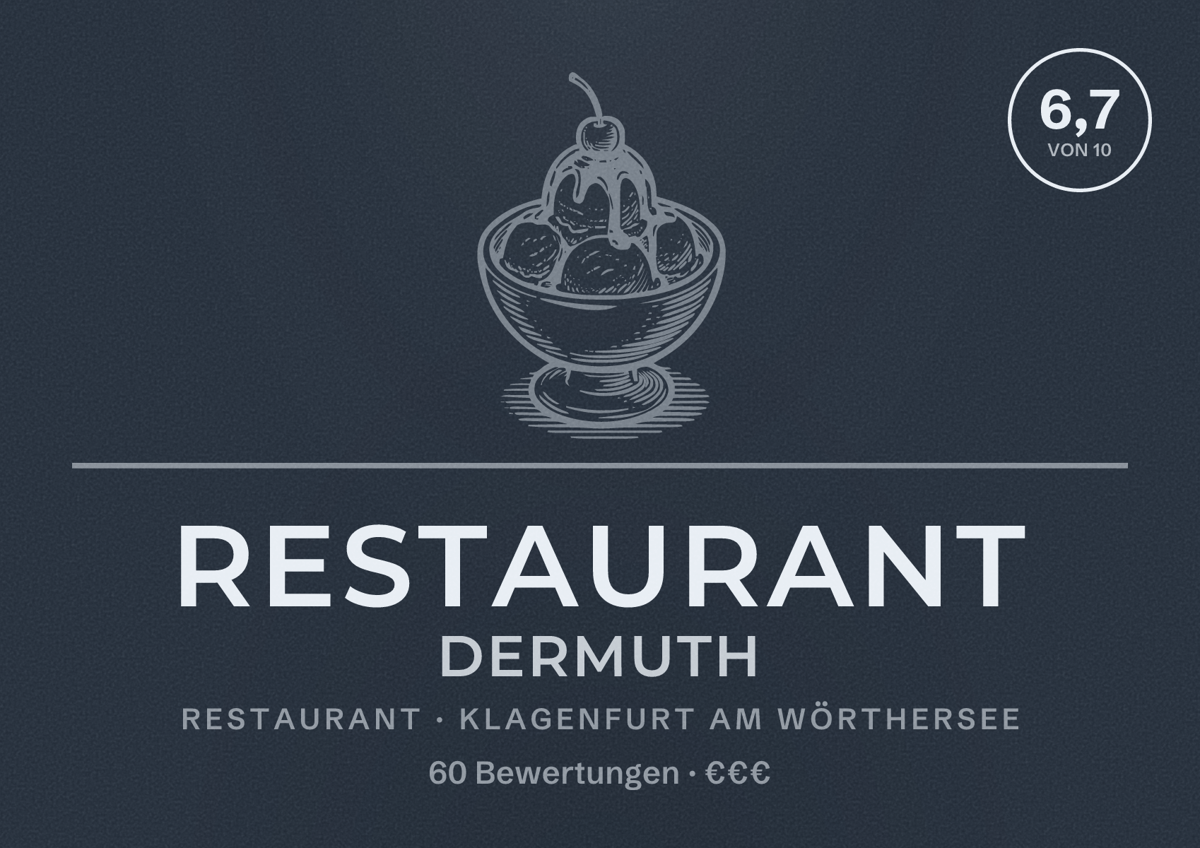Illustriertes Poster von Restaurant Dermuth, Restaurant in Klagenfurt am Wörthersee: Bewertung 6,7 von 10 aus 60 Bewertungen, Preisniveau €€€