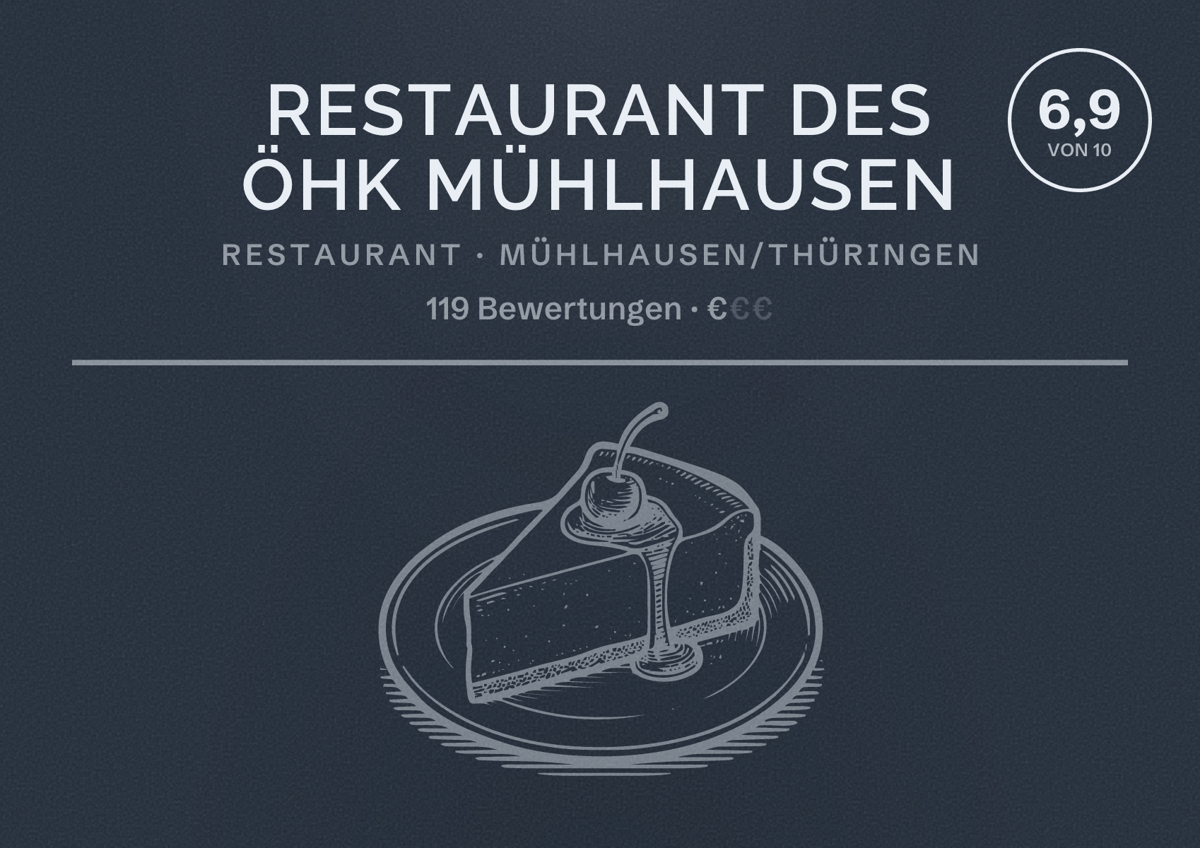 Illustriertes Poster von Restaurant des ÖHK Mühlhausen, Restaurant in Mühlhausen/Thüringen: Bewertung 6,9 von 10 aus 119 Bewertungen, Preisniveau €
