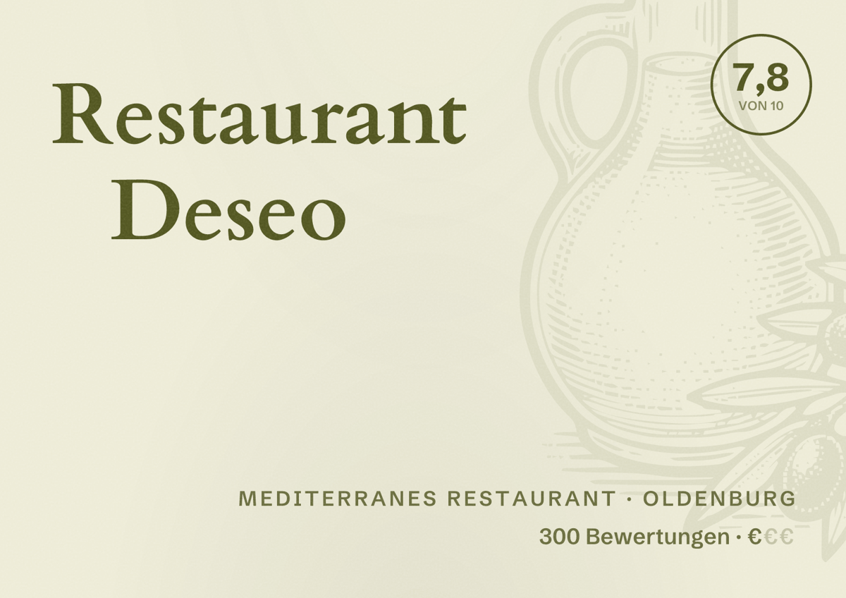 Illustriertes Poster von Restaurant Deseo, Mediterranes Restaurant in Oldenburg: Bewertung 7,8 von 10 aus 300 Bewertungen, Preisniveau €