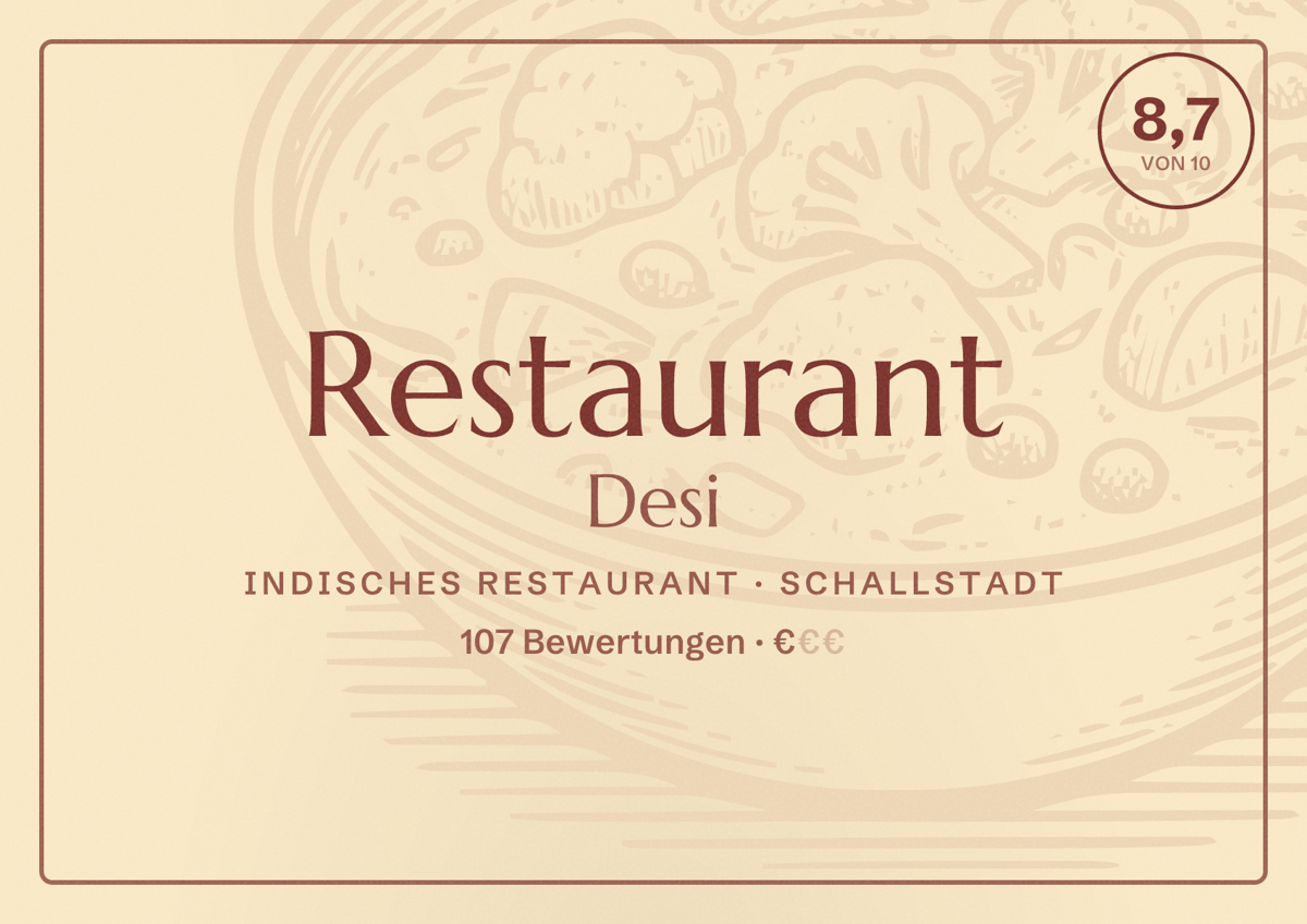 Illustriertes Poster von Restaurant Desi, Indisches Restaurant in Schallstadt: Bewertung 8,7 von 10 aus 107 Bewertungen, Preisniveau €
