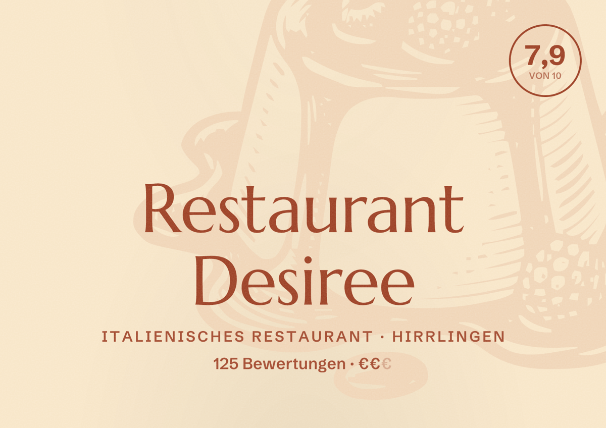 Illustriertes Poster von Restaurant Desiree, Italienisches Restaurant in Hirrlingen: Bewertung 7,9 von 10 aus 125 Bewertungen, Preisniveau €€