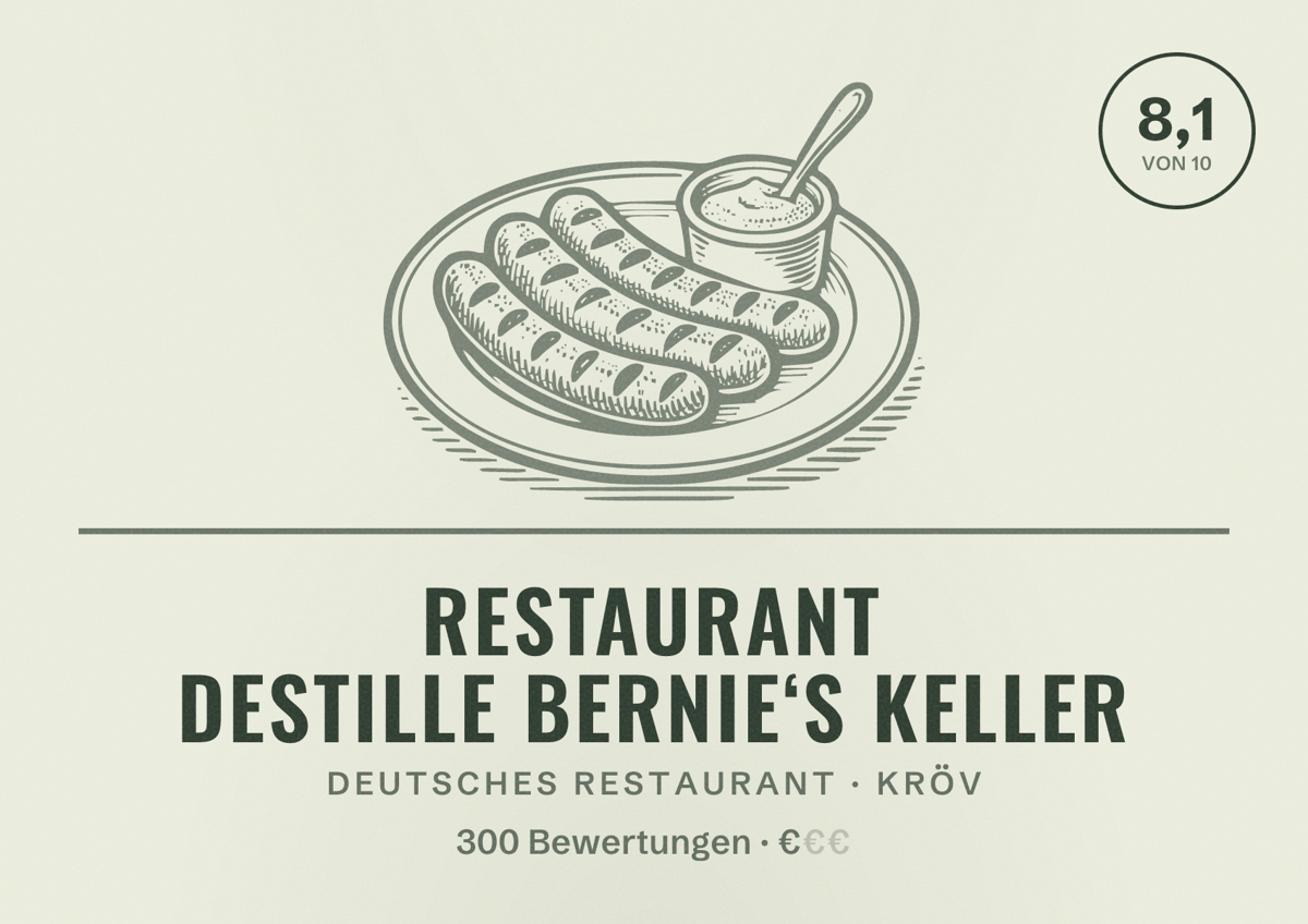 Illustriertes Poster von Restaurant Destille Bernie‘s Keller, Deutsches Restaurant in Kröv: Bewertung 8,1 von 10 aus 300 Bewertungen, Preisniveau €
