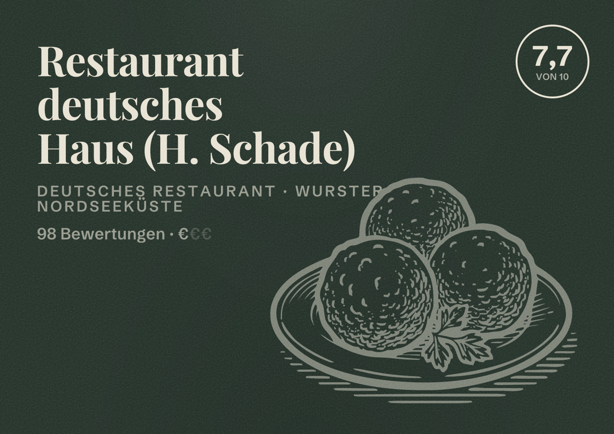 Illustriertes Poster von Restaurant deutsches Haus (H. Schade), Deutsches Restaurant in Wurster Nordseeküste: Bewertung 7,7 von 10 aus 98 Bewertungen, Preisniveau €