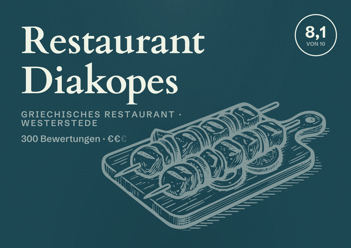 Illustriertes Poster von Restaurant Diakopes, Griechisches Restaurant in Westerstede: Bewertung 8,1 von 10 aus 300 Bewertungen, Preisniveau €€