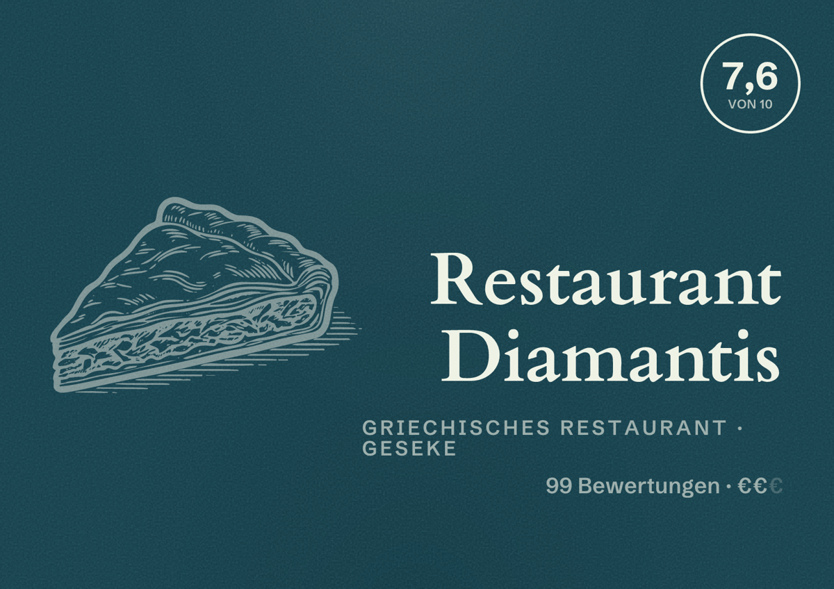 Illustriertes Poster von Restaurant Diamantis, Griechisches Restaurant in Geseke: Bewertung 7,6 von 10 aus 99 Bewertungen, Preisniveau €€
