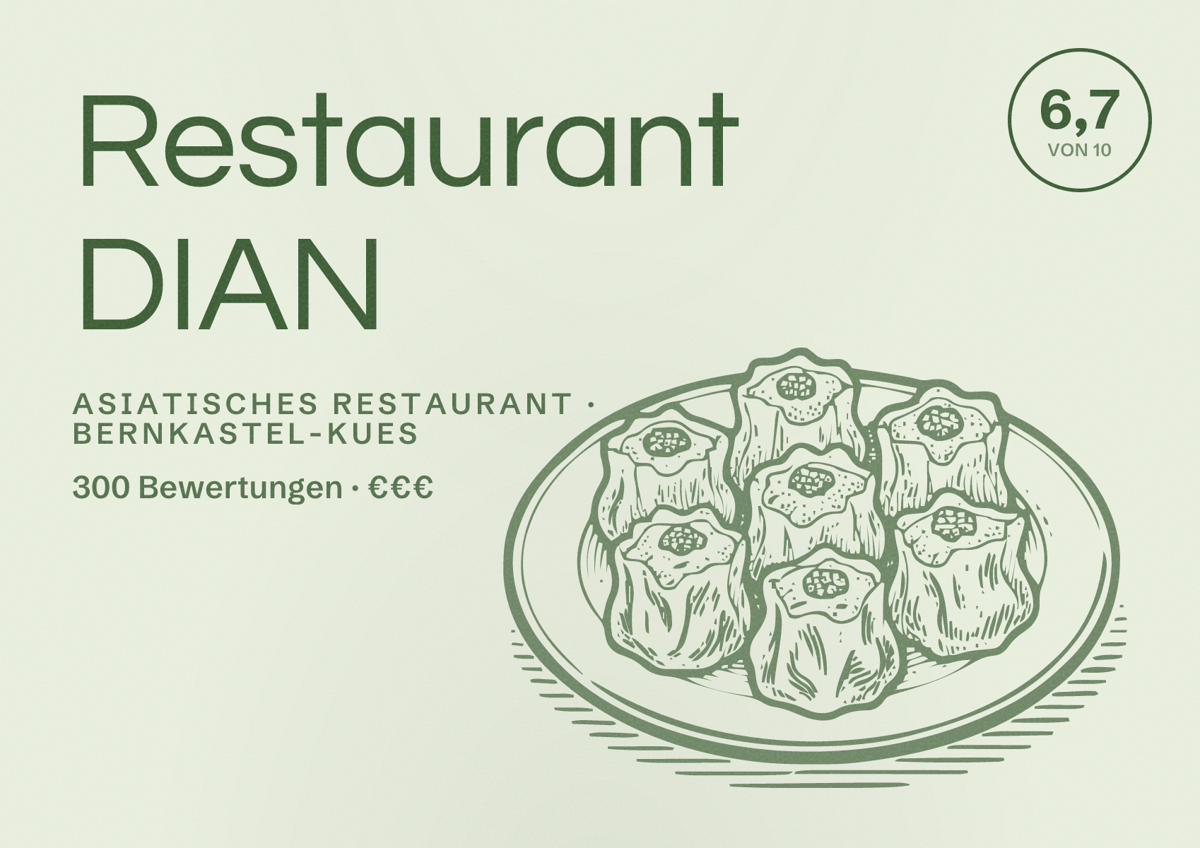 Illustriertes Poster von Restaurant DIAN, Asiatisches Restaurant in Bernkastel-Kues: Bewertung 6,7 von 10 aus 300 Bewertungen, Preisniveau €€€