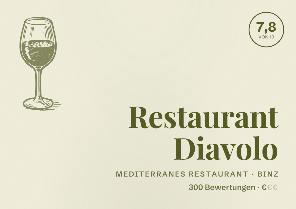 Illustriertes Poster von Restaurant Diavolo, Mediterranes Restaurant in Binz: Bewertung 7,8 von 10 aus 300 Bewertungen, Preisniveau €