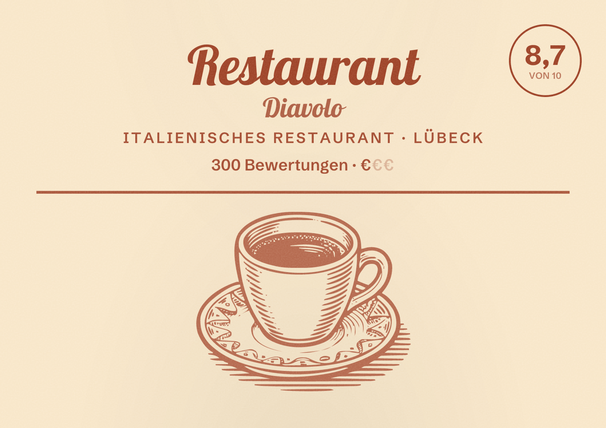 Illustriertes Poster von Restaurant Diavolo, Italienisches Restaurant in Lübeck: Bewertung 8,7 von 10 aus 300 Bewertungen, Preisniveau €