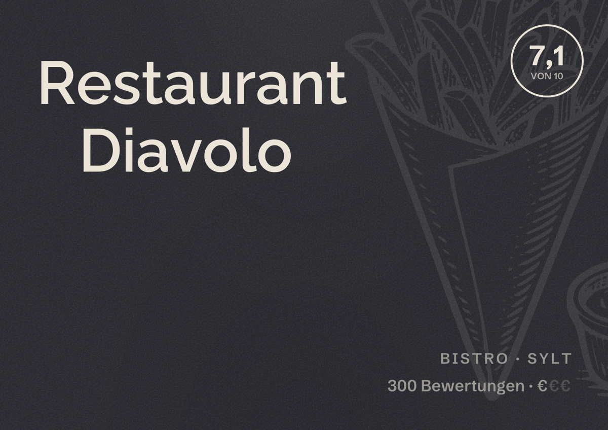 Illustriertes Poster von Restaurant Diavolo, Bistro in Sylt: Bewertung 7,1 von 10 aus 300 Bewertungen, Preisniveau €