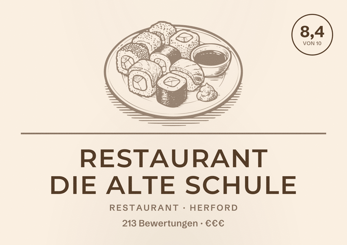 Illustriertes Poster von Restaurant Die Alte Schule, Restaurant in Herford: Bewertung 8,4 von 10 aus 213 Bewertungen, Preisniveau €€€