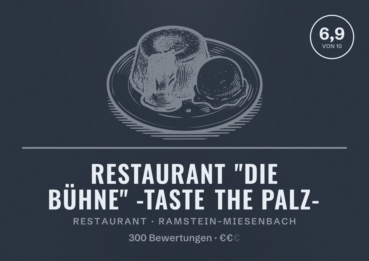 Illustriertes Poster von Restaurant "Die Bühne" -Taste the Palz-, Restaurant in Ramstein-Miesenbach: Bewertung 6,9 von 10 aus 300 Bewertungen, Preisniveau €€