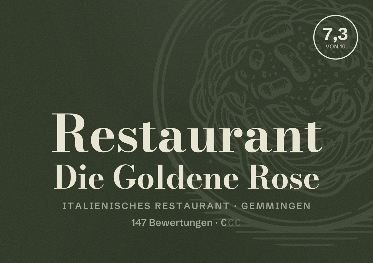 Illustriertes Poster von Restaurant Die Goldene Rose, Italienisches Restaurant in Gemmingen: Bewertung 7,3 von 10 aus 147 Bewertungen, Preisniveau €