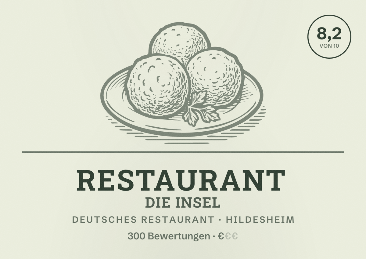 Illustriertes Poster von Restaurant Die Insel, Deutsches Restaurant in Hildesheim: Bewertung 8,2 von 10 aus 300 Bewertungen, Preisniveau €