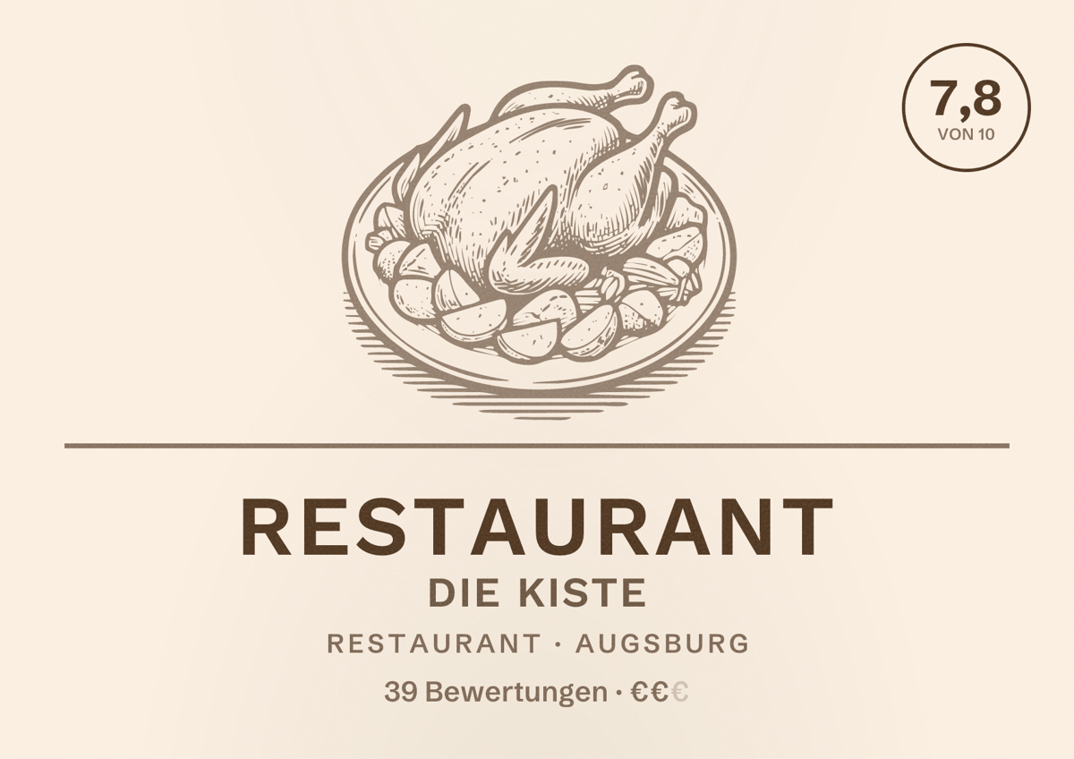 Illustriertes Poster von Restaurant die Kiste, Restaurant in Augsburg: Bewertung 7,8 von 10 aus 39 Bewertungen, Preisniveau €€