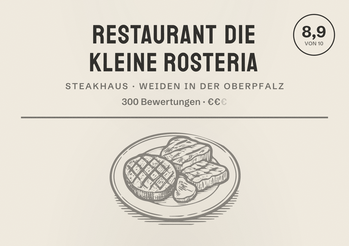 Illustriertes Poster von Restaurant Die kleine Rosteria, Steakhaus in Weiden in der Oberpfalz: Bewertung 8,9 von 10 aus 300 Bewertungen, Preisniveau €€