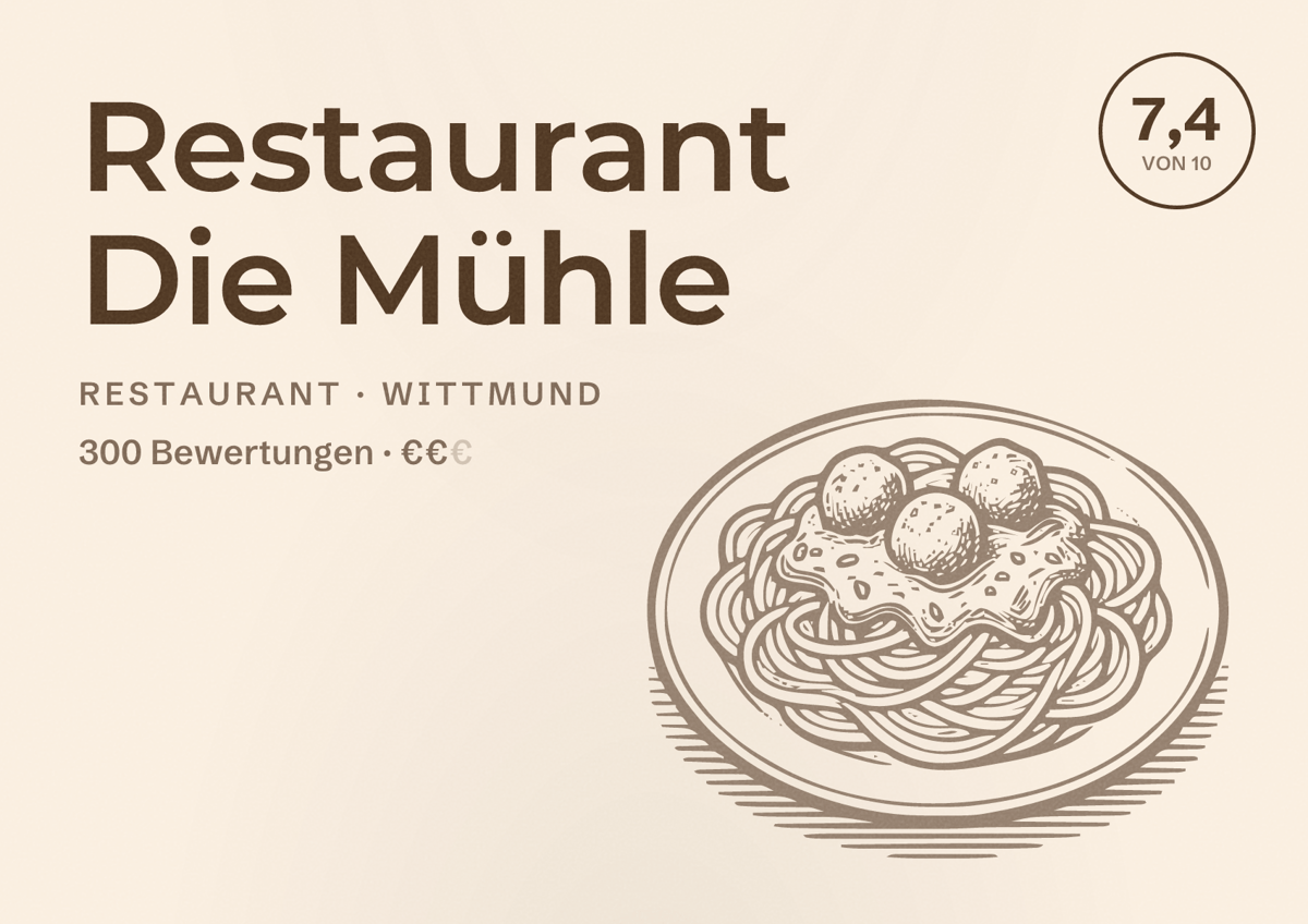 Illustriertes Poster von Restaurant Die Mühle, Restaurant in Wittmund: Bewertung 7,4 von 10 aus 300 Bewertungen, Preisniveau €€