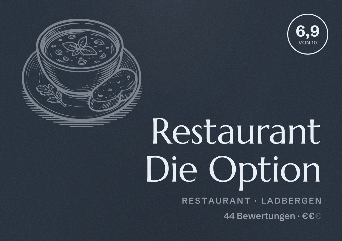 Illustriertes Poster von Restaurant Die Option, Restaurant in Ladbergen: Bewertung 6,9 von 10 aus 44 Bewertungen, Preisniveau €€