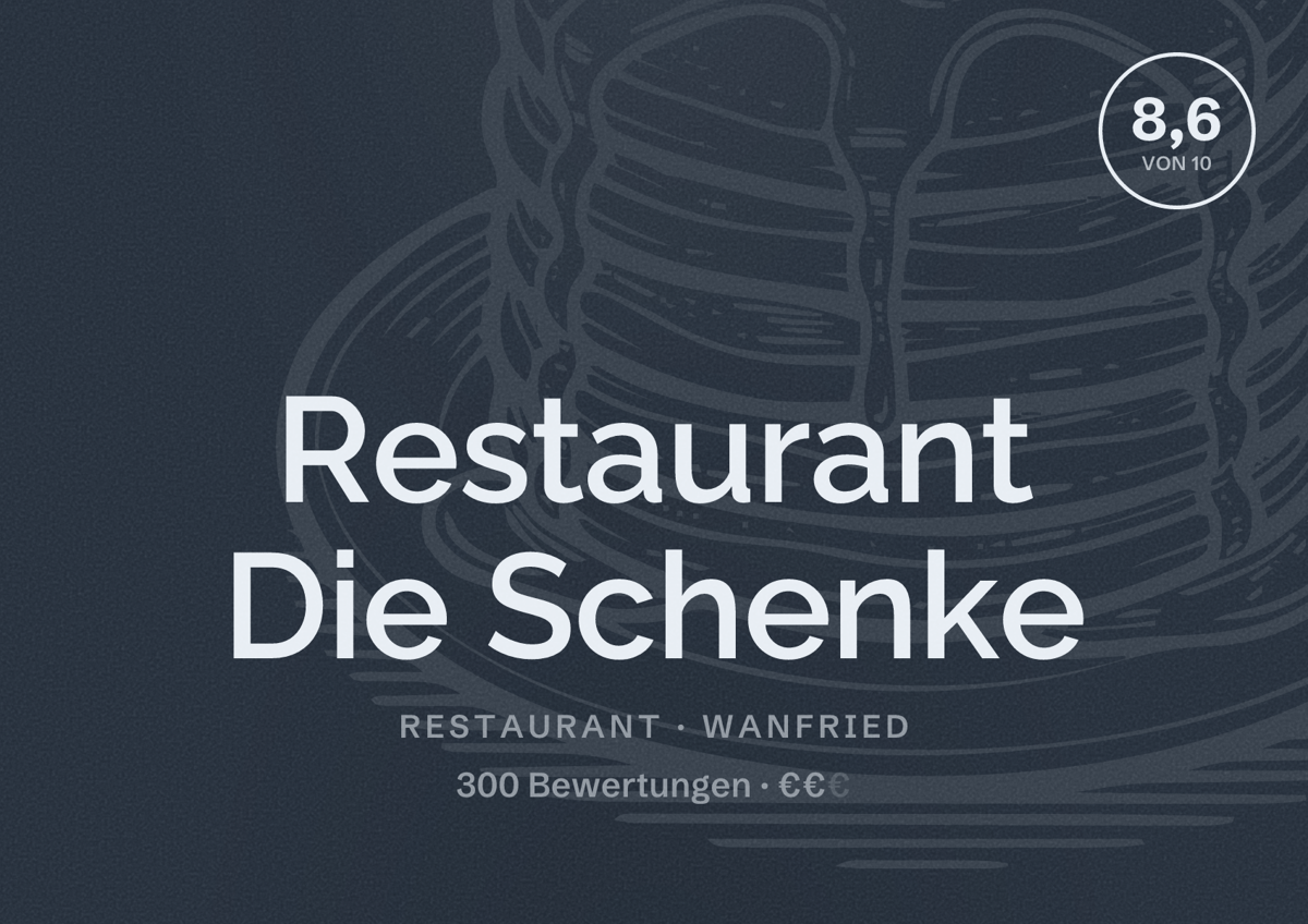 Illustriertes Poster von Restaurant Die Schenke, Restaurant in Wanfried: Bewertung 8,6 von 10 aus 300 Bewertungen, Preisniveau €€