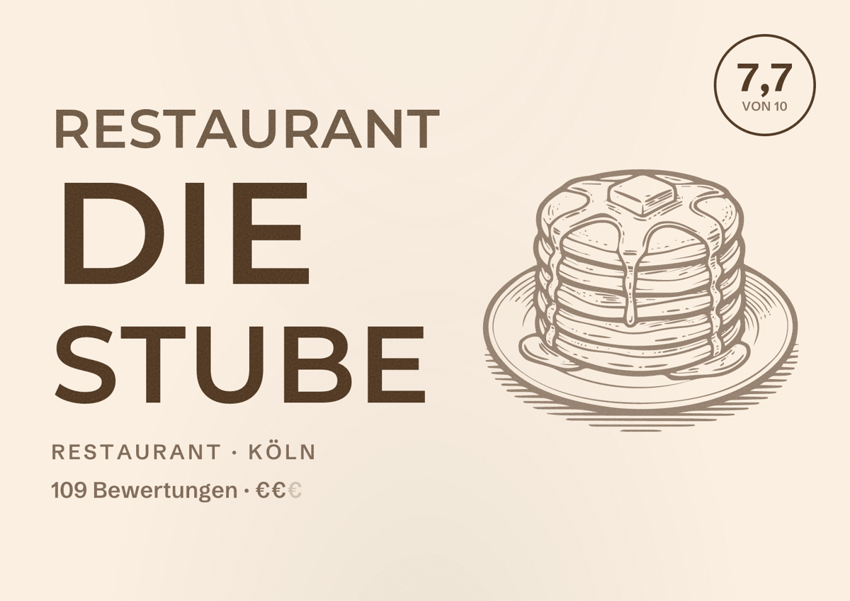Illustriertes Poster von Restaurant DIE STUBE, Restaurant in Köln: Bewertung 7,7 von 10 aus 109 Bewertungen, Preisniveau €€