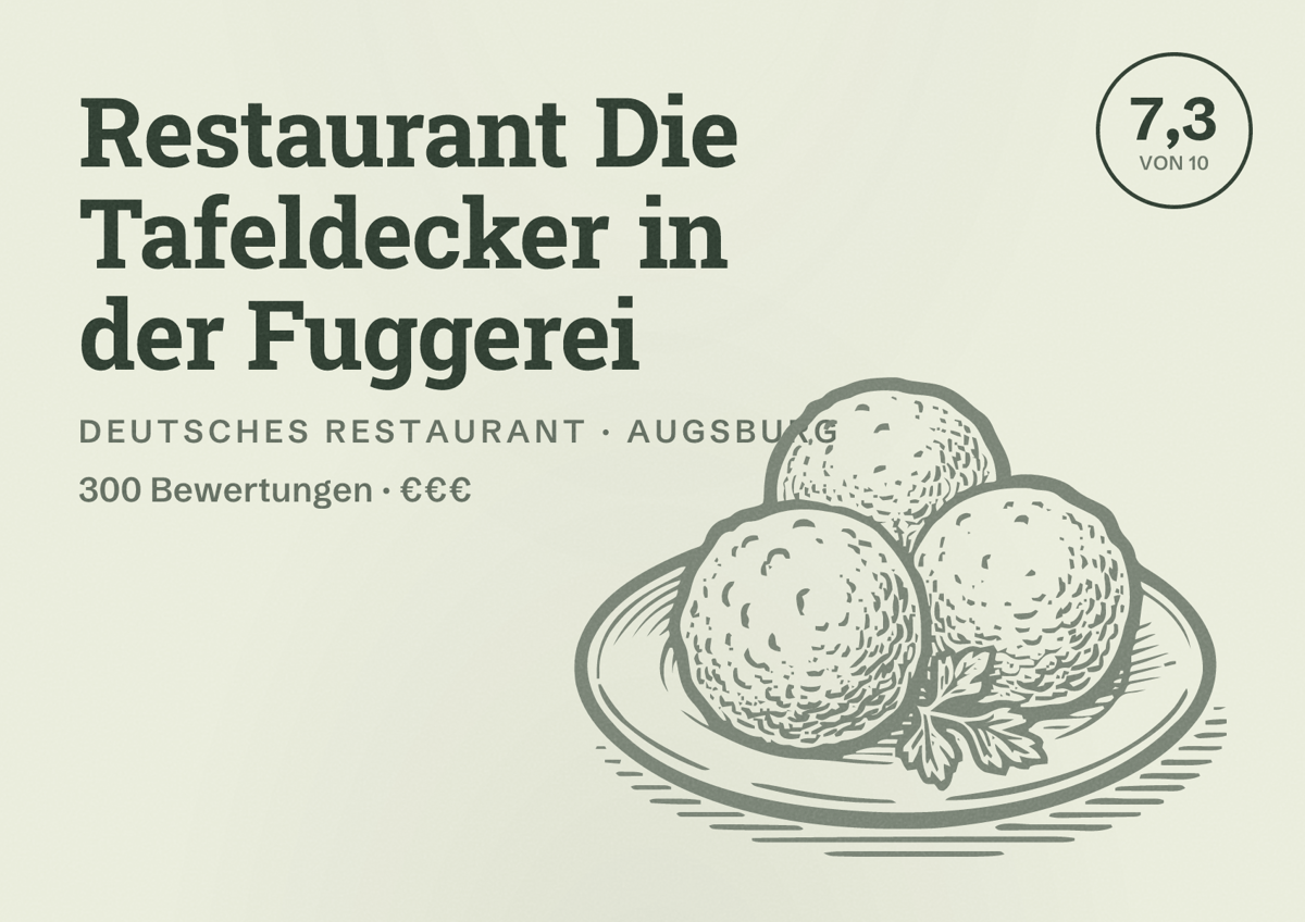 Illustriertes Poster von Restaurant Die Tafeldecker in der Fuggerei, Deutsches Restaurant in Augsburg: Bewertung 7,3 von 10 aus 300 Bewertungen, Preisniveau €€€