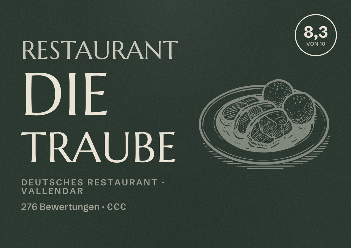 Illustriertes Poster von Restaurant Die Traube, Deutsches Restaurant in Vallendar: Bewertung 8,3 von 10 aus 276 Bewertungen, Preisniveau €€€