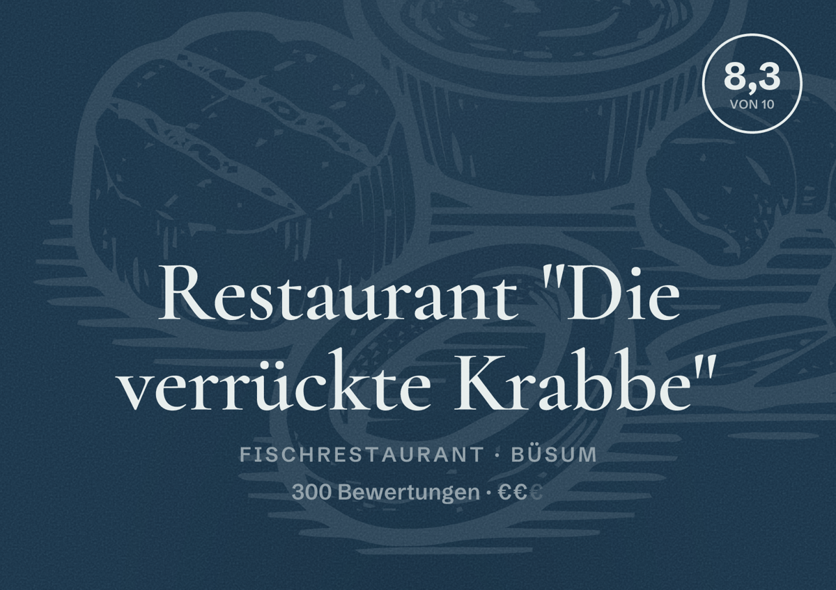 Illustriertes Poster von Restaurant "Die verrückte Krabbe", Fischrestaurant in Büsum: Bewertung 8,3 von 10 aus 300 Bewertungen, Preisniveau €€