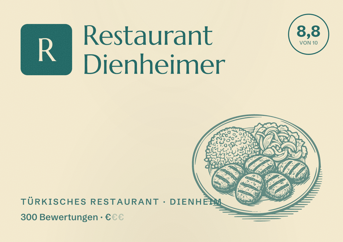 Illustriertes Poster von Restaurant Dienheimer, Türkisches Restaurant in Dienheim: Bewertung 8,8 von 10 aus 300 Bewertungen, Preisniveau €