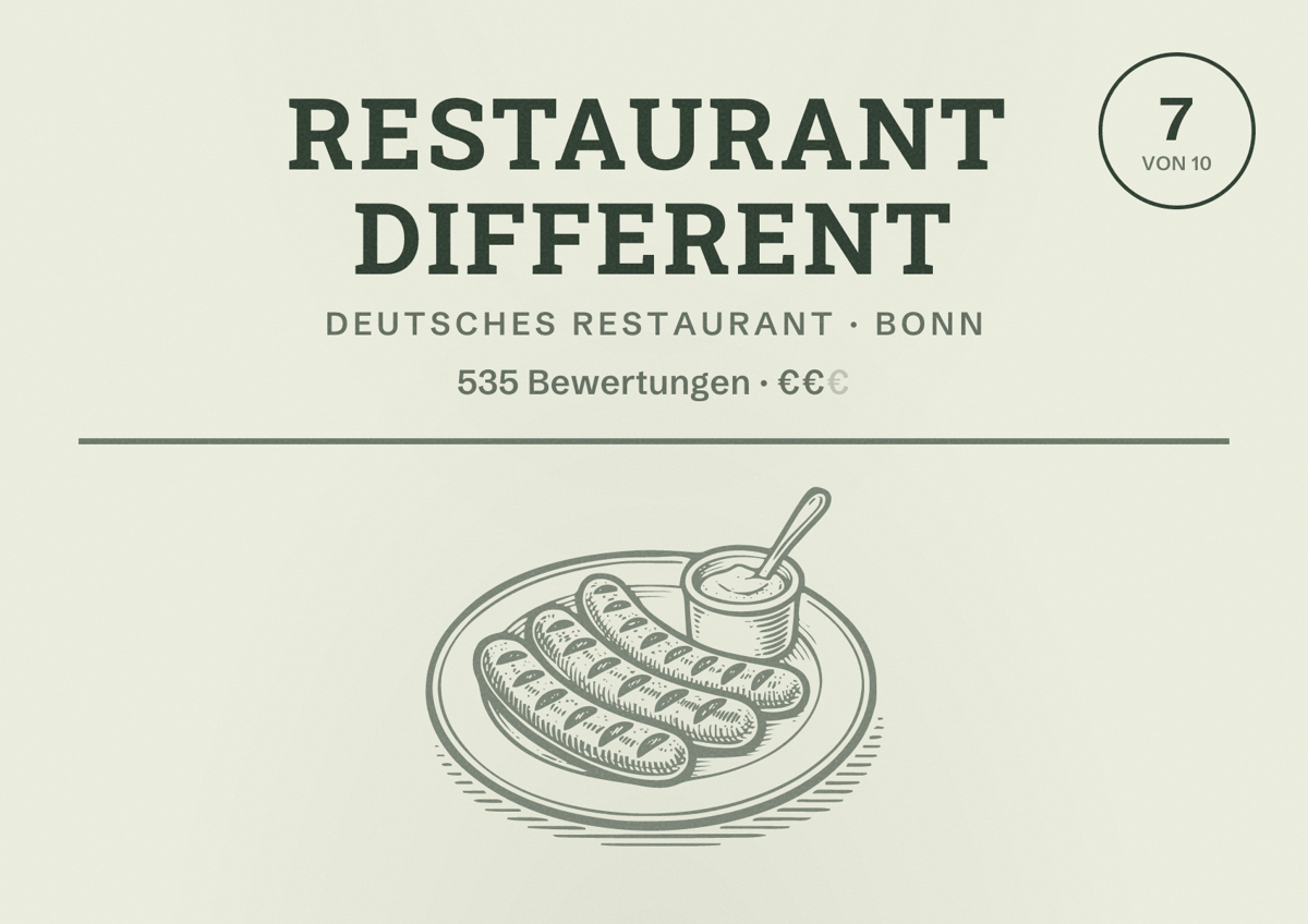 Illustriertes Poster von Restaurant Different, Deutsches Restaurant in Bonn: Bewertung 7 von 10 aus 535 Bewertungen, Preisniveau €€