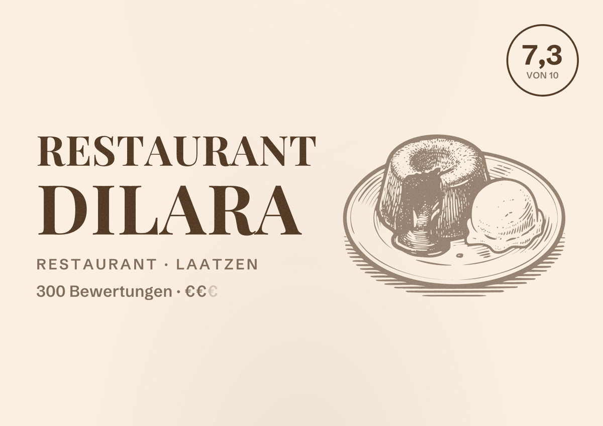 Illustriertes Poster von Restaurant Dilara, Restaurant in Laatzen: Bewertung 7,3 von 10 aus 300 Bewertungen, Preisniveau €€