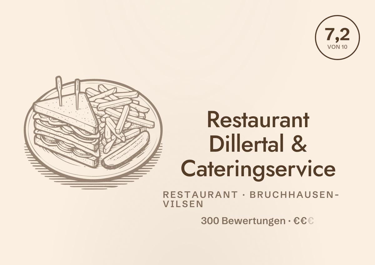 Illustriertes Poster von Restaurant Dillertal & Cateringservice, Restaurant in Bruchhausen-Vilsen: Bewertung 7,2 von 10 aus 300 Bewertungen, Preisniveau €€