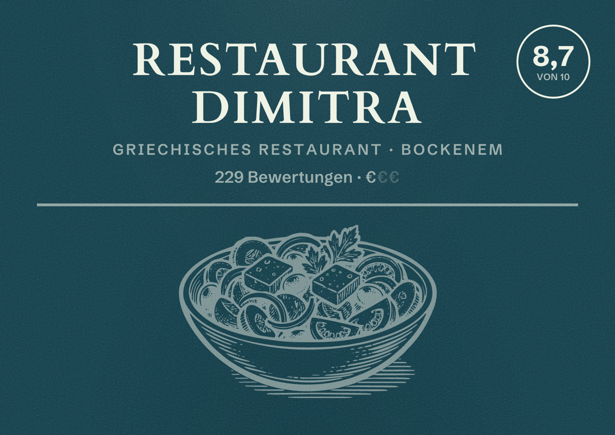 Illustriertes Poster von Restaurant Dimitra, Griechisches Restaurant in Bockenem: Bewertung 8,7 von 10 aus 229 Bewertungen, Preisniveau €