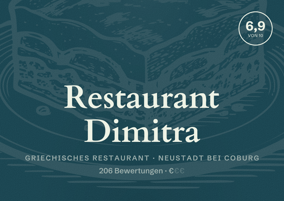 Illustriertes Poster von Restaurant Dimitra, Griechisches Restaurant in Neustadt bei Coburg: Bewertung 6,9 von 10 aus 206 Bewertungen, Preisniveau €