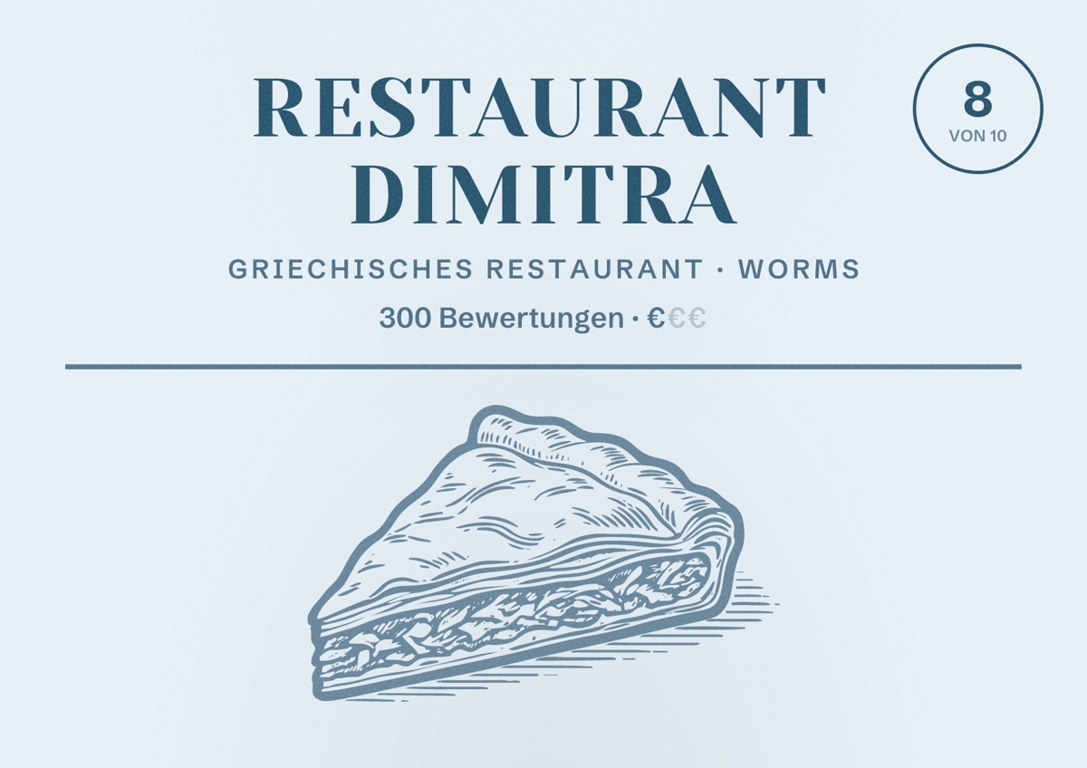 Illustriertes Poster von Restaurant Dimitra, Griechisches Restaurant in Worms: Bewertung 8 von 10 aus 300 Bewertungen, Preisniveau €