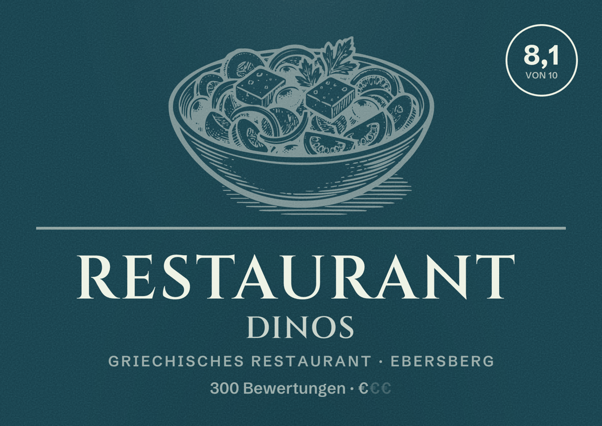 Illustriertes Poster von Restaurant DINOS, Griechisches Restaurant in Ebersberg: Bewertung 8,1 von 10 aus 300 Bewertungen, Preisniveau €