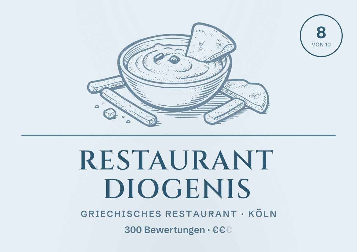 Illustriertes Poster von Restaurant Diogenis, Griechisches Restaurant in Köln: Bewertung 8,0 von 10 aus 300 Bewertungen, Preisniveau €€