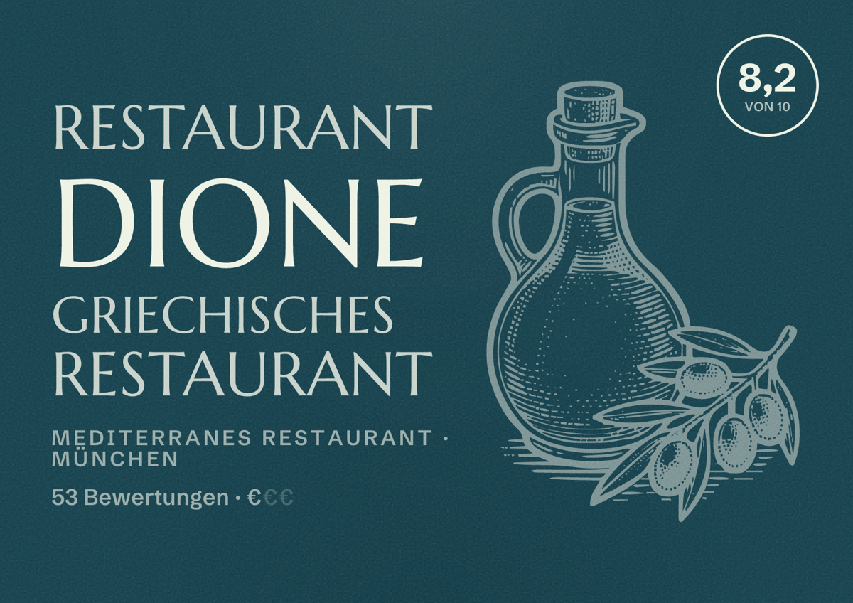 Illustriertes Poster von Restaurant Dione Griechisches Restaurant, Mediterranes Restaurant in München: Bewertung 8,2 von 10 aus 53 Bewertungen, Preisniveau €