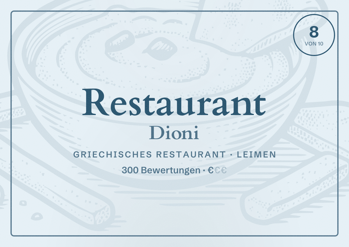 Illustriertes Poster von Restaurant Dioni, Griechisches Restaurant in Leimen: Bewertung 8 von 10 aus 300 Bewertungen, Preisniveau €